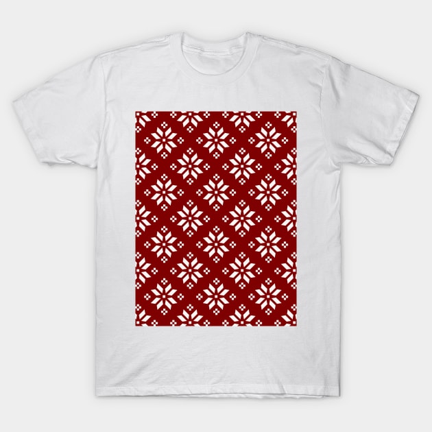 Large Dark Christmas Candy Apple Red with White Poinsettia Flowers T-Shirt by podartist